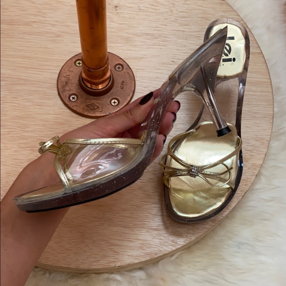 Clear and gold glitter mules